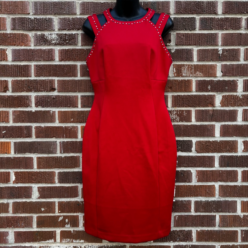 Calvin Klein Sz 8 Red Sleeveless Embellished Scuba Sheath Party Dress